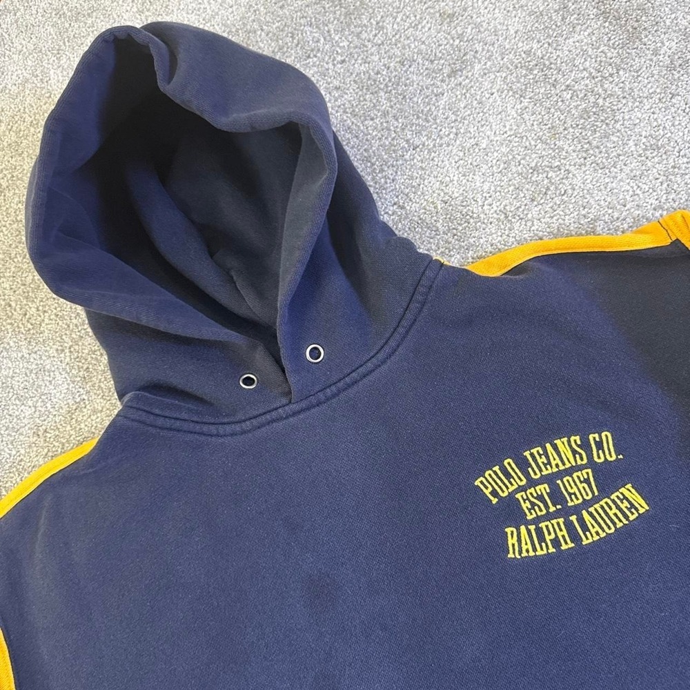Polo Jeans Co Ralph Lauren Navy Blue Hoodie Large Yellow Stripe Pullover - Picture 2 of 6